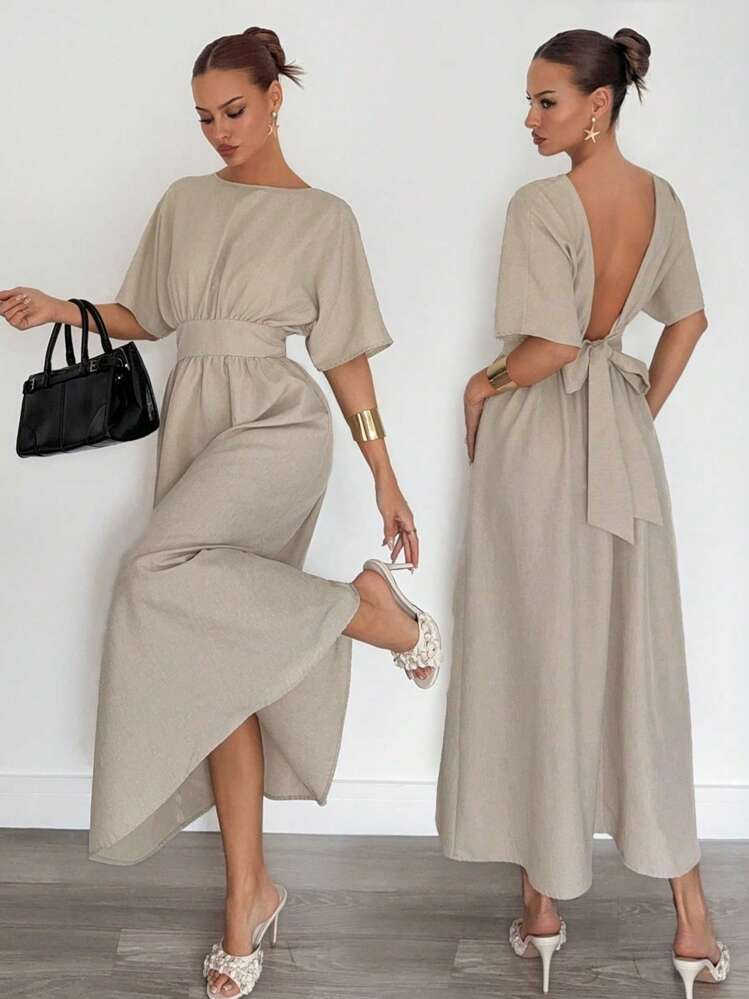 Siren Gaze Women's Summer Casual Batwing Sleeve Waistband Belt Backless Midi Dresses,Wedding Gues... | SHEIN