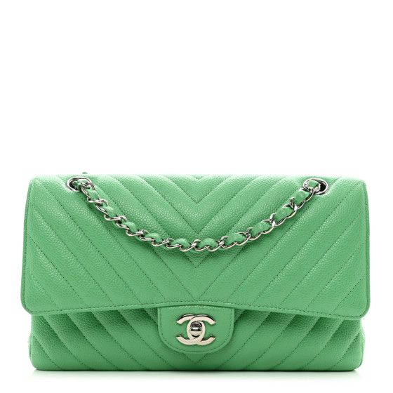 Caviar Chevron Quilted Medium Double Flap Green | FASHIONPHILE (US)
