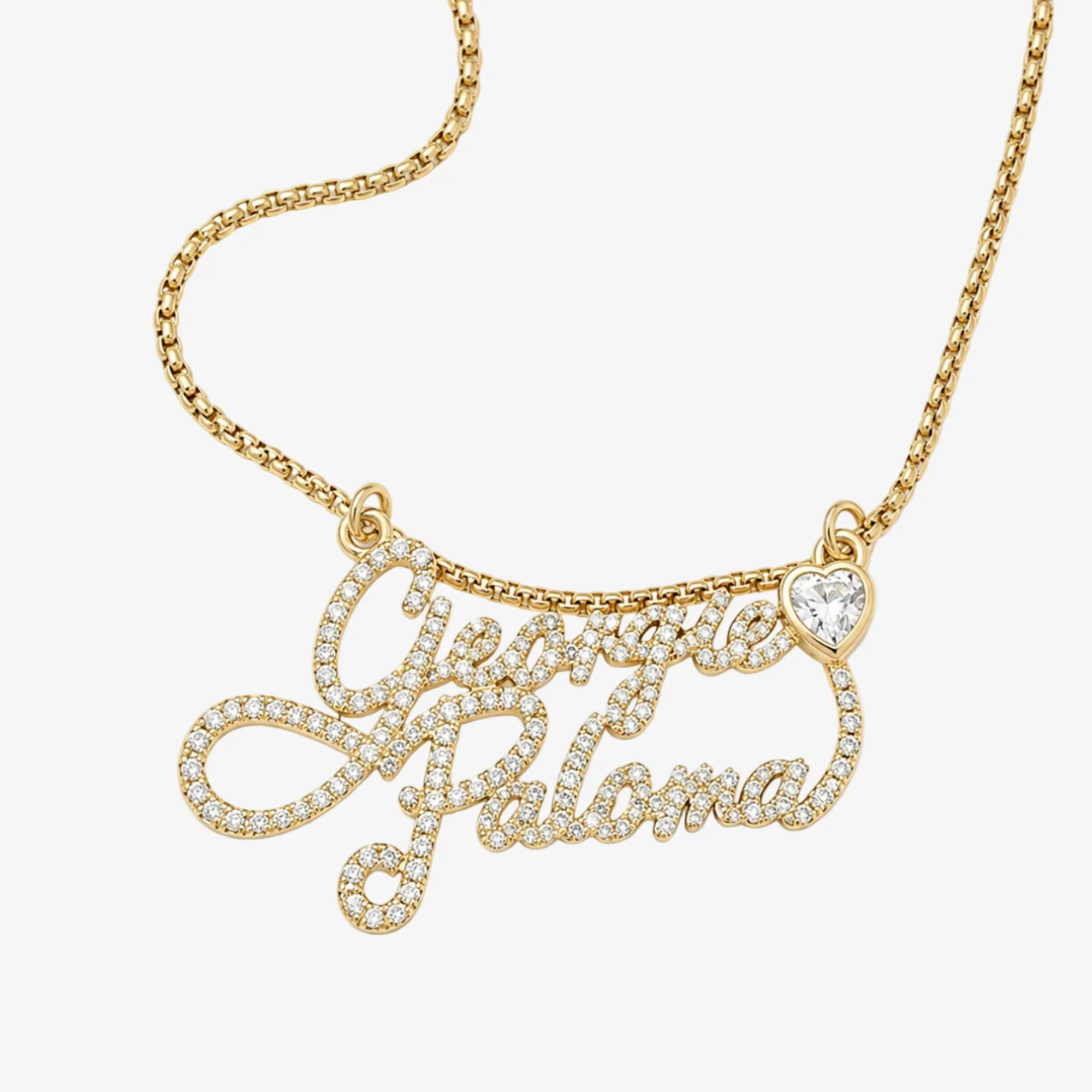 Love Letter Pave Script Two Name Necklace with Bezel Heart | Stephanie Gottlieb Fine Jewelry