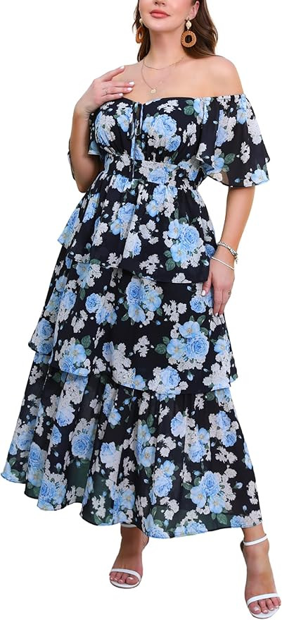 Plus Size Summer Dresses for Women Floral Off Shoulder Smocked Waist Tiered Ruffle Casual Beach W... | Amazon (US)