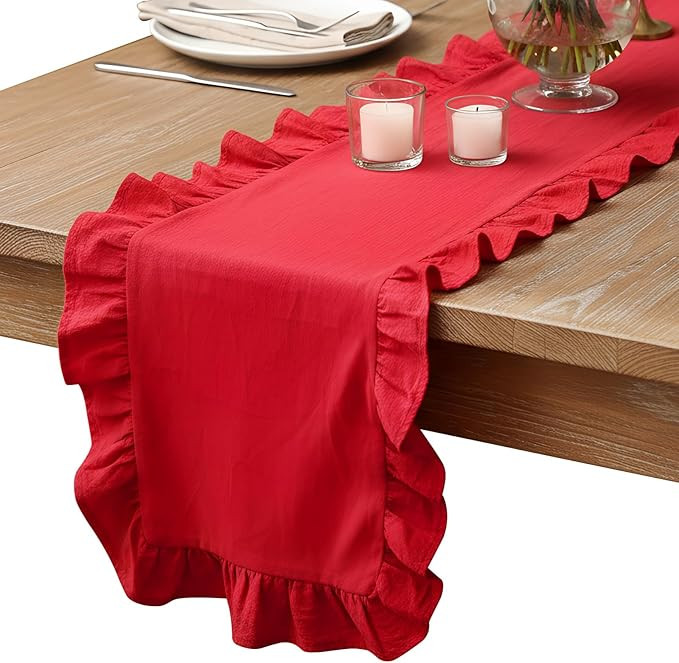 Oudain Red Ruffle Table Runner Cotton Fabric 118 x 13.8'' Farmhouse Rustic Ruffled Edge Table Run... | Amazon (US)