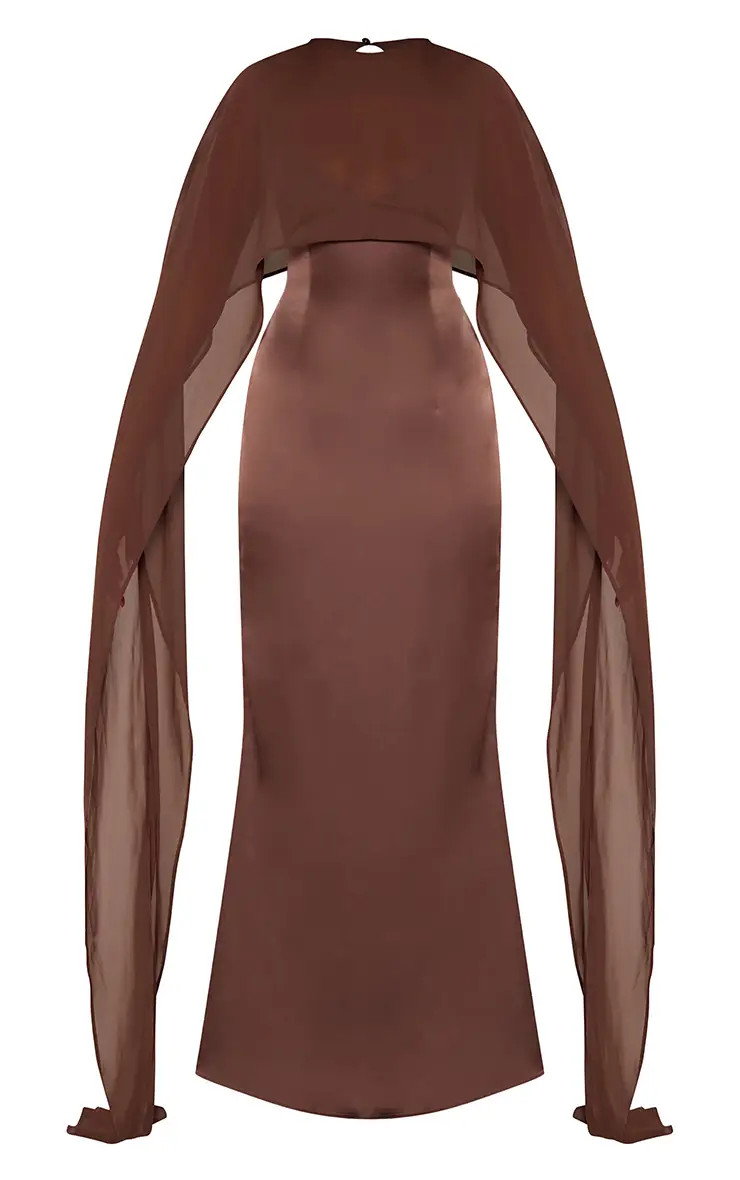 Chocolate Satin Chiffon Cape Detail Maxi Dress | PrettyLittleThing UK
