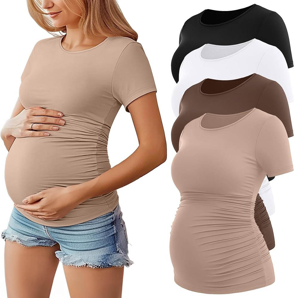 Huukeay 4 Pack Women's Maternity Shirts, Crew Neck Maternity Top Short Sleeve Casual Cotton Tee S... | Amazon (US)