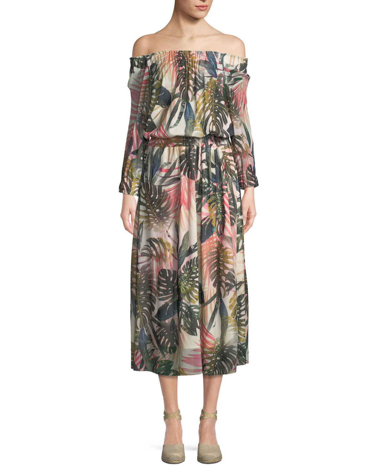 Jungle-Print Off-the-Shoulder Midi Dress | Neiman Marcus