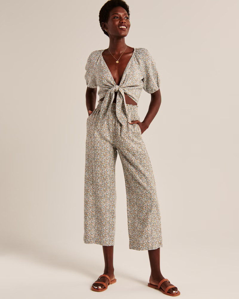 Cropped Tie-Front Linen Blend Top | Abercrombie & Fitch (US)