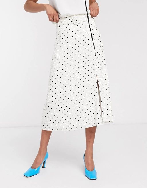 Warehouse polka dot belted midi skirt in white | ASOS (Global)