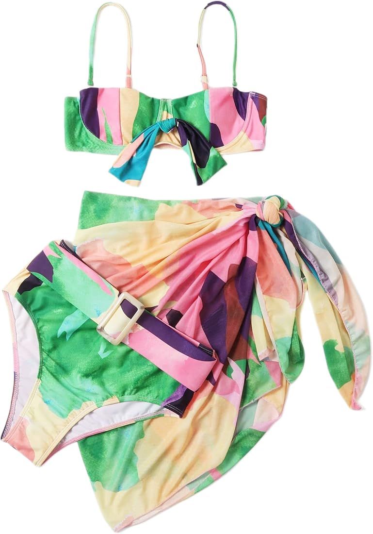 SheIn Women's 3 Piece Graphic Belted Bikini Set Swimsuit and Cover Up Beach Skirt | Amazon (US)