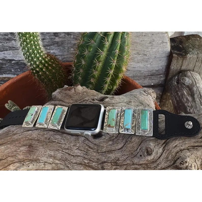 Smart Watch Turquoise Band, Hand Stamped, Unique Watch Band, Turquoise Apple Watch Band, Sterling... | Etsy (US)