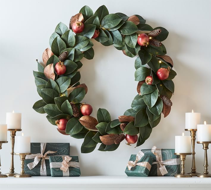Pre-Lit Faux Magnolia & Pomegranate Wreath | Pottery Barn (US)