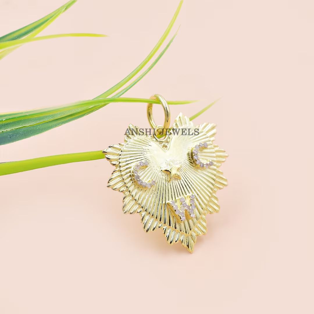 New Initial Sunburst Heart Pendant, 14k Yellow gold Diamond Initial Pendant, Handmade Sunburst Pe... | Etsy (US)