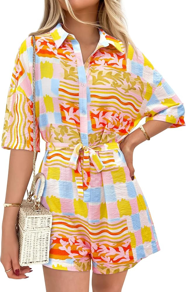 PRETTYGARDEN Womens Rompers for Summer 2025 Beach Vacation Clothes Short Sleeves Floral Jumpsuits... | Amazon (US)