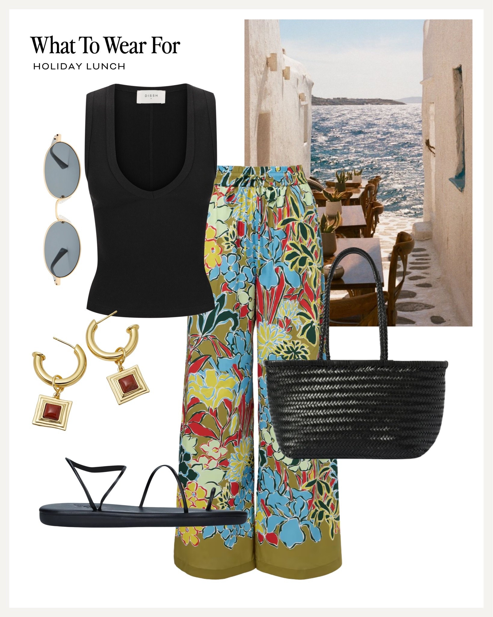 Lunch on holiday ☀️ 

Printed trousers, summer style, satin trousers, black tote, sandals, effortlessly stylish

#LTKsummer