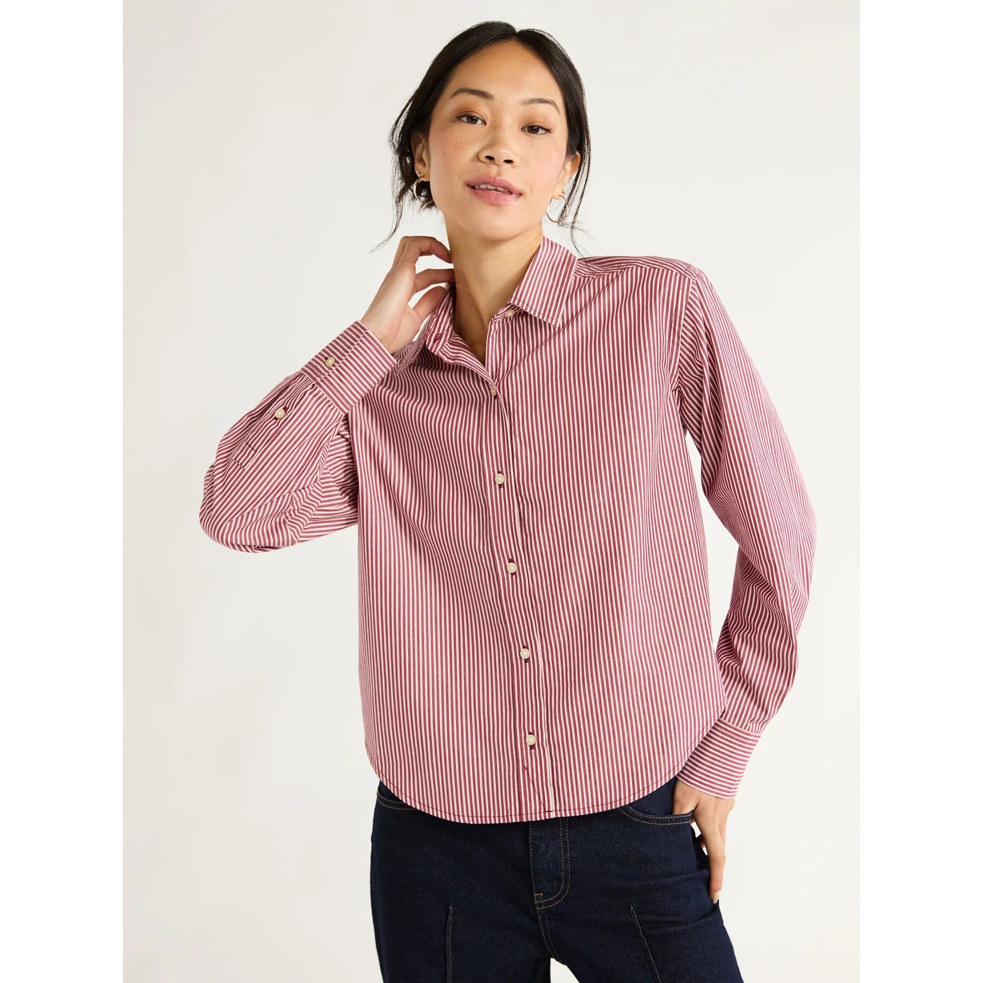 Free Assembly Women’s Cotton Cropped Button Down Shirt with Long Sleeves, Sizes XS-XXL | Walmart (US)