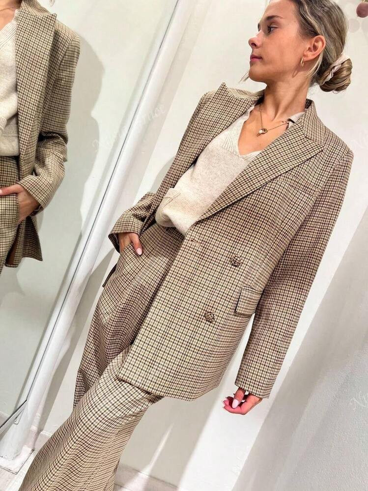 2pcs Christmas Plaid Lapel Double-Breasted Blazer Jacket And Pants Suit Set, Non-Stretch, Elegant, Regular Sleeve, Suitable For Commuting, Business, Casual Wear | SHEIN