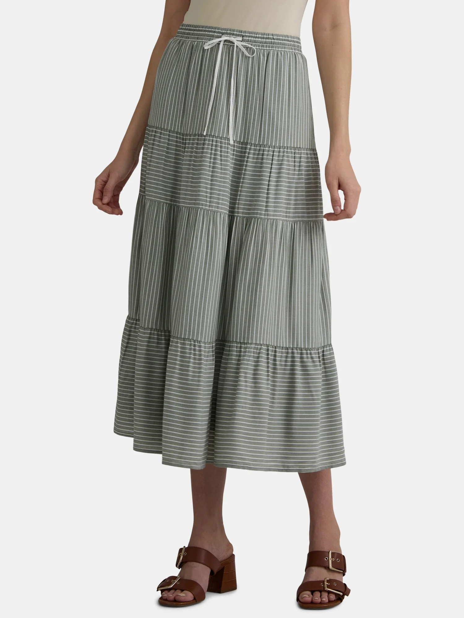 Time and Tru Women’s and Women's Plus Tiered Midi Skirt with Elastic Waistband, Sizes XS-4X | Walmart (US)