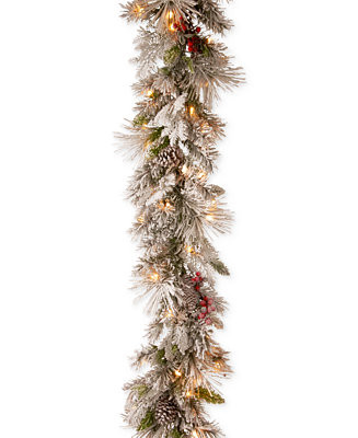 9' Snowy Bedford Pine Garland  with 70 Warm White LED Lights | Macy's