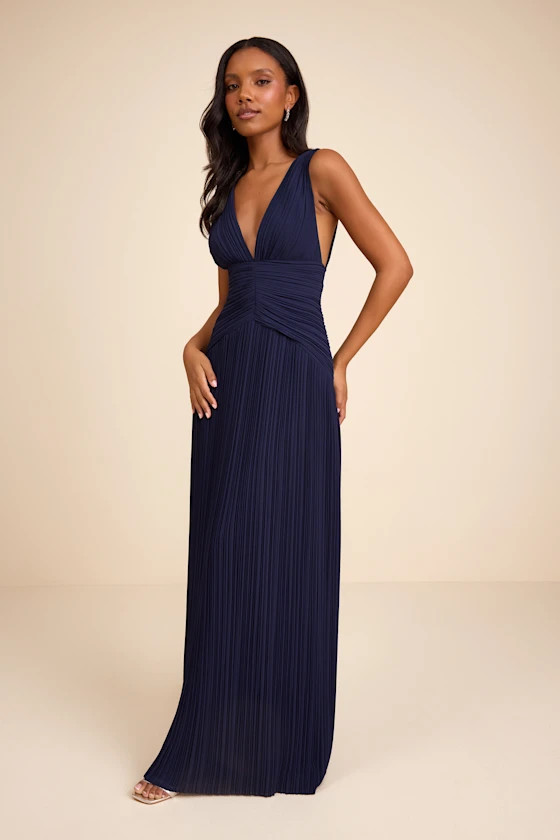 Kelina Navy Blue Pleated Drop Waist Maxi Dress | Lulus