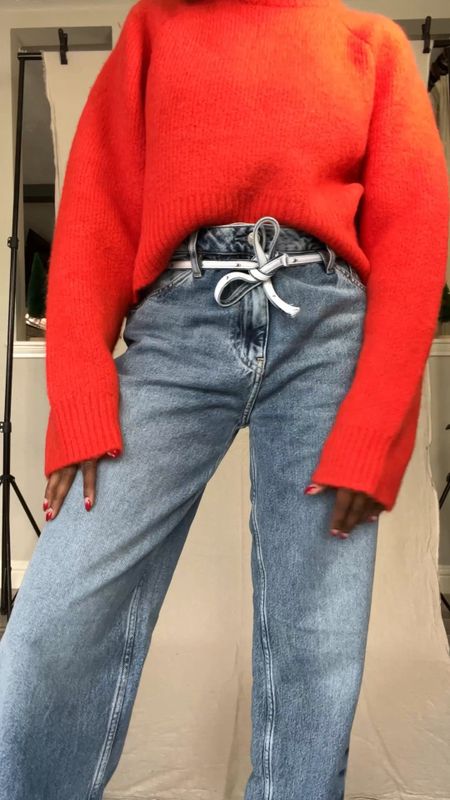 Casual holiday outfit from Calvin Klein. Red-orange cropped sweater, 90s baggy jeans and Calvin Klein bralette and underwear  I sized up to a medium in the top na d 27 in the jeans for a roomy fit. 

#LTKstyletip #LTKHoliday #LTKunder100