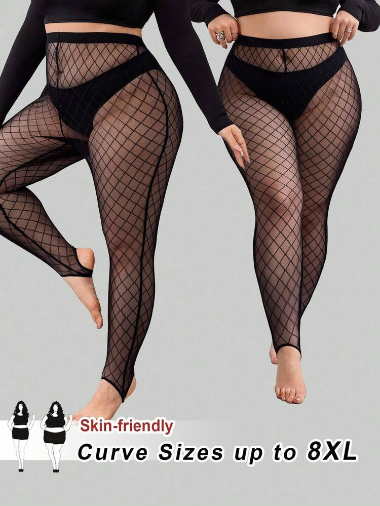 SHEIN CURVE+ Plus Size Women's Clothes, Tights, Black Thin Mesh See-Through Leggings, Fashion Leggings, Rave Outfits Festival, Casual Daily Wear, Holiday Party Wear, Winter Clothes Plus Size Fishnet Tights/Autumn /Winter | SHEIN