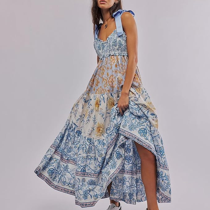 Floral Maxi Dresses for Women Sleeveless Tie Shoulder Smocked Flowy Boho Long Dress Y2k Summer Va... | Amazon (US)