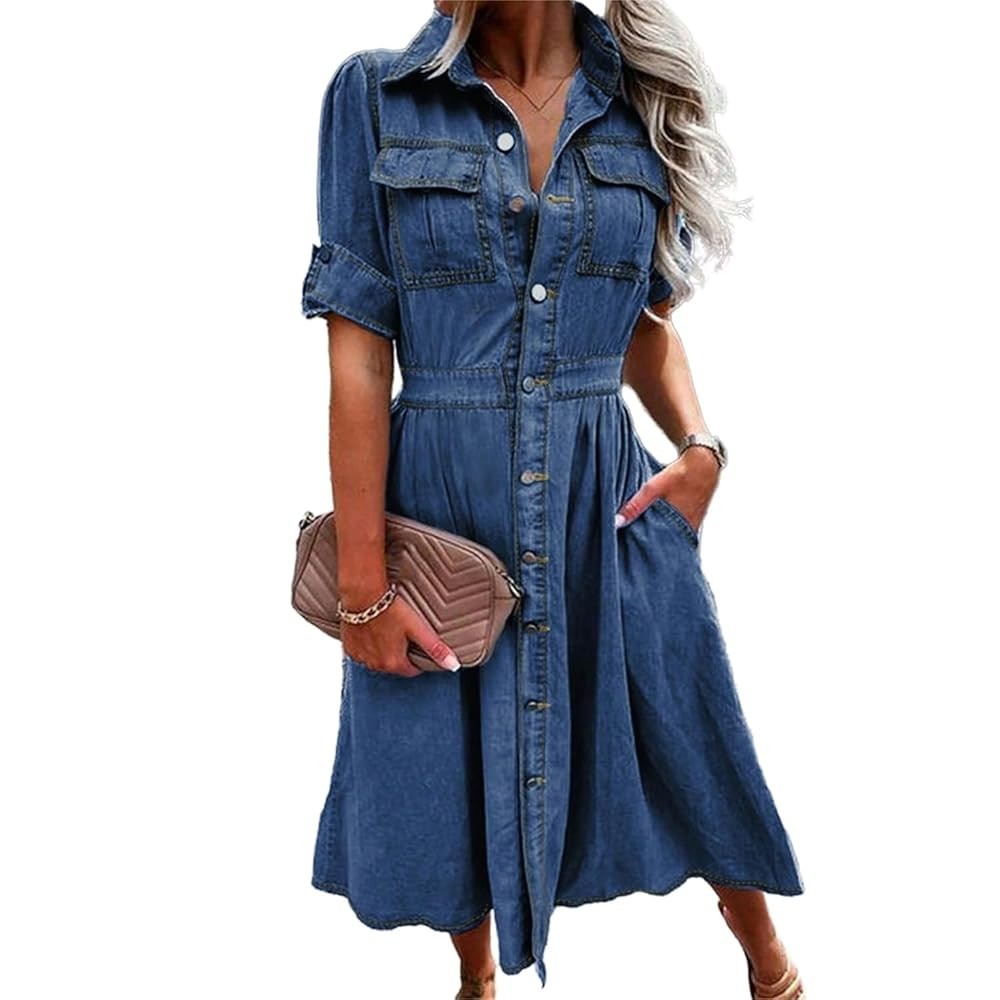 Women Denim Shirt Dress V Neck Short Sleeve Long Bottom Down A-Line Jeans Dresses with Pockets | Amazon (US)