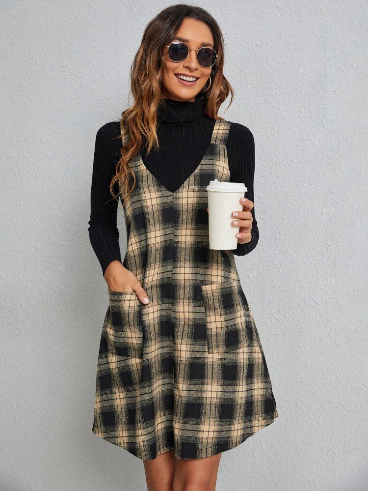 Plaid Patched Pocket Overall Dress | SHEIN