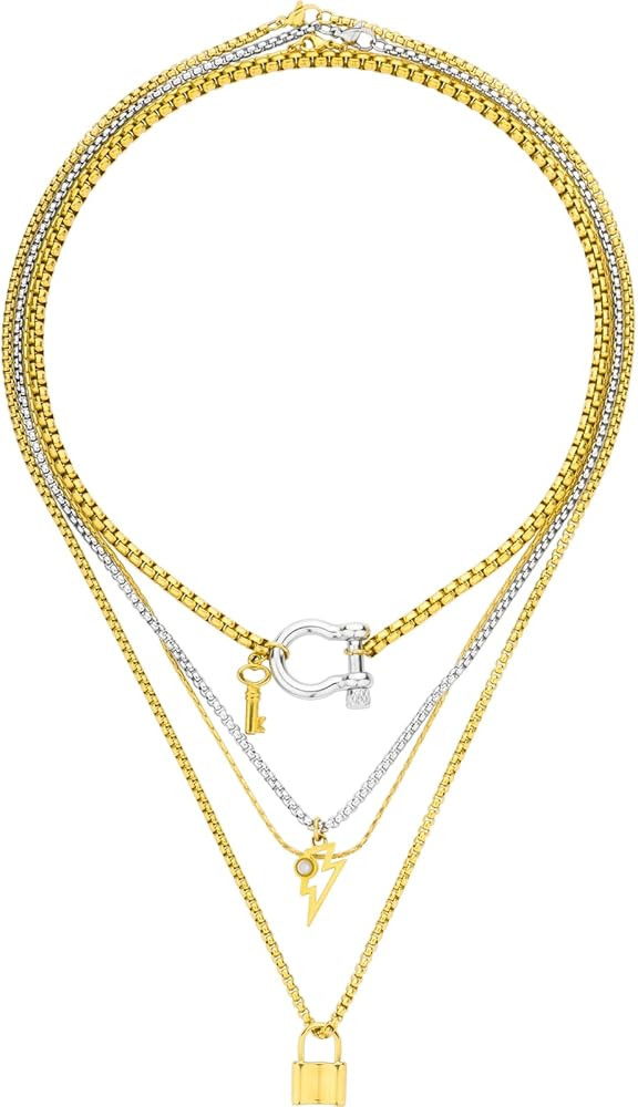 Gold Silver Layered Toggle Necklaces for Women 4 Set,18K Gold Plated Dainty Link Chain Necklaces ... | Amazon (US)