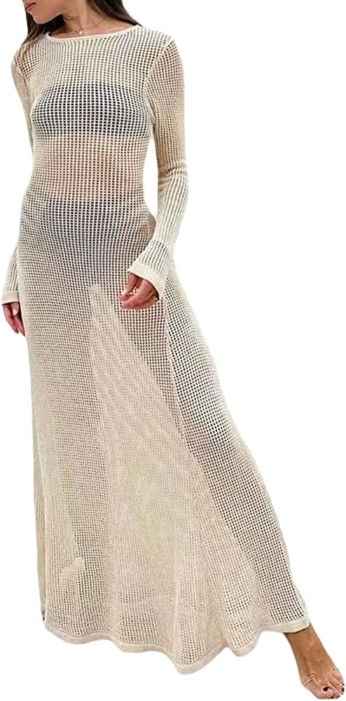 Argeousgor Elegant Long Sleeve Maxi Dress for Women Hollow Crochet Knit Summer Beach Coverups Pa... | Amazon (US)