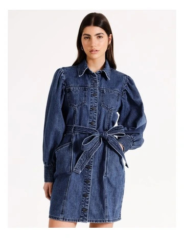Long Puff Sleeve Denim Dress in Denim | Myer