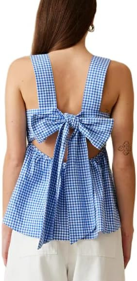 Women Gingham Babydoll Tank Top Cute Sleeveless Backless Wide Straps Peplum Shirt Y2K Square Neck... | Amazon (US)