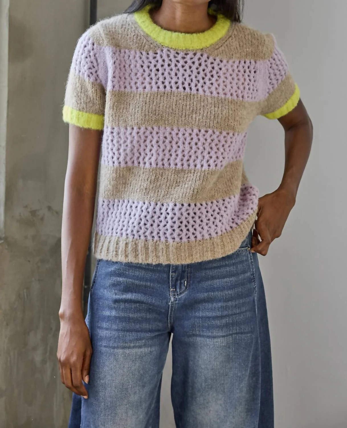 Short Sleeve Stripe Sweater In Lily/husk Stripe | Shop Simon