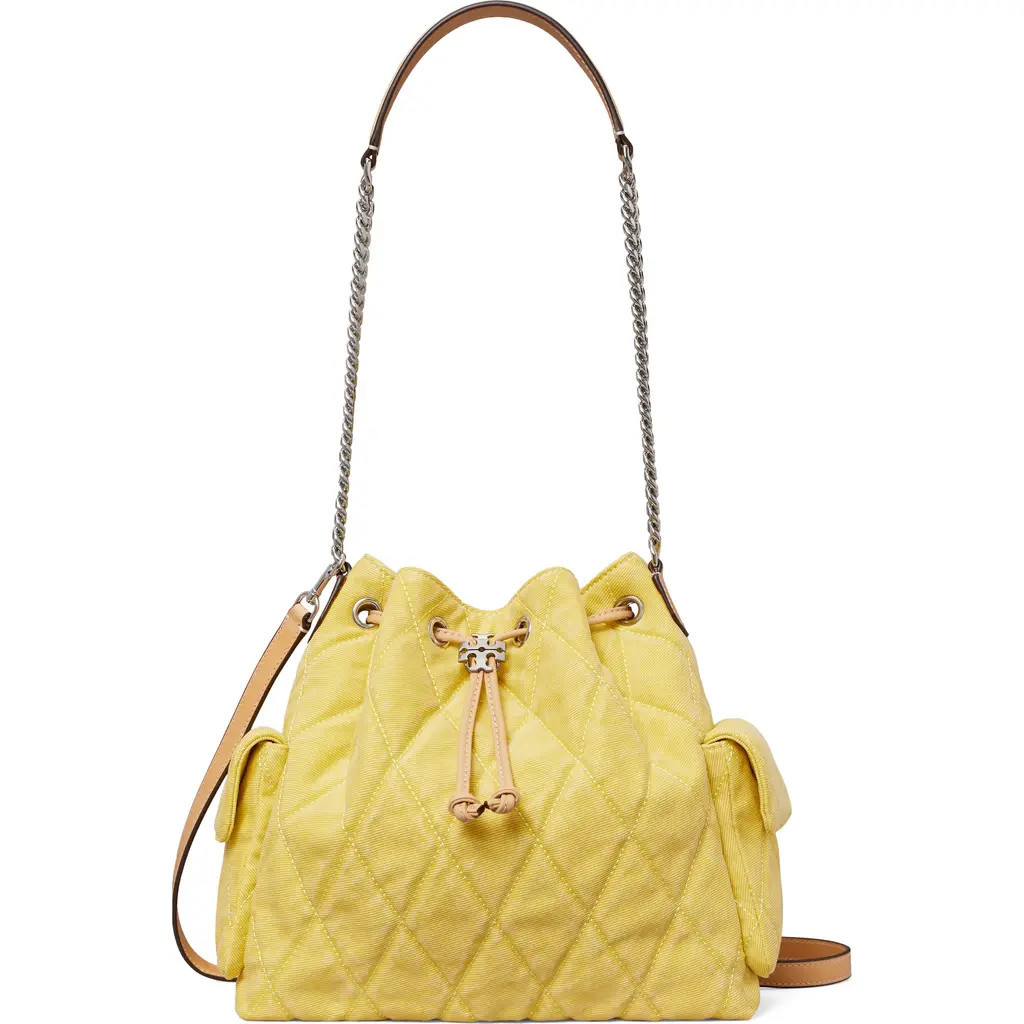 Tory Burch Charlie Quilted Denim Drawstring Shoulder Bag in Yellow at Nordstrom | Nordstrom