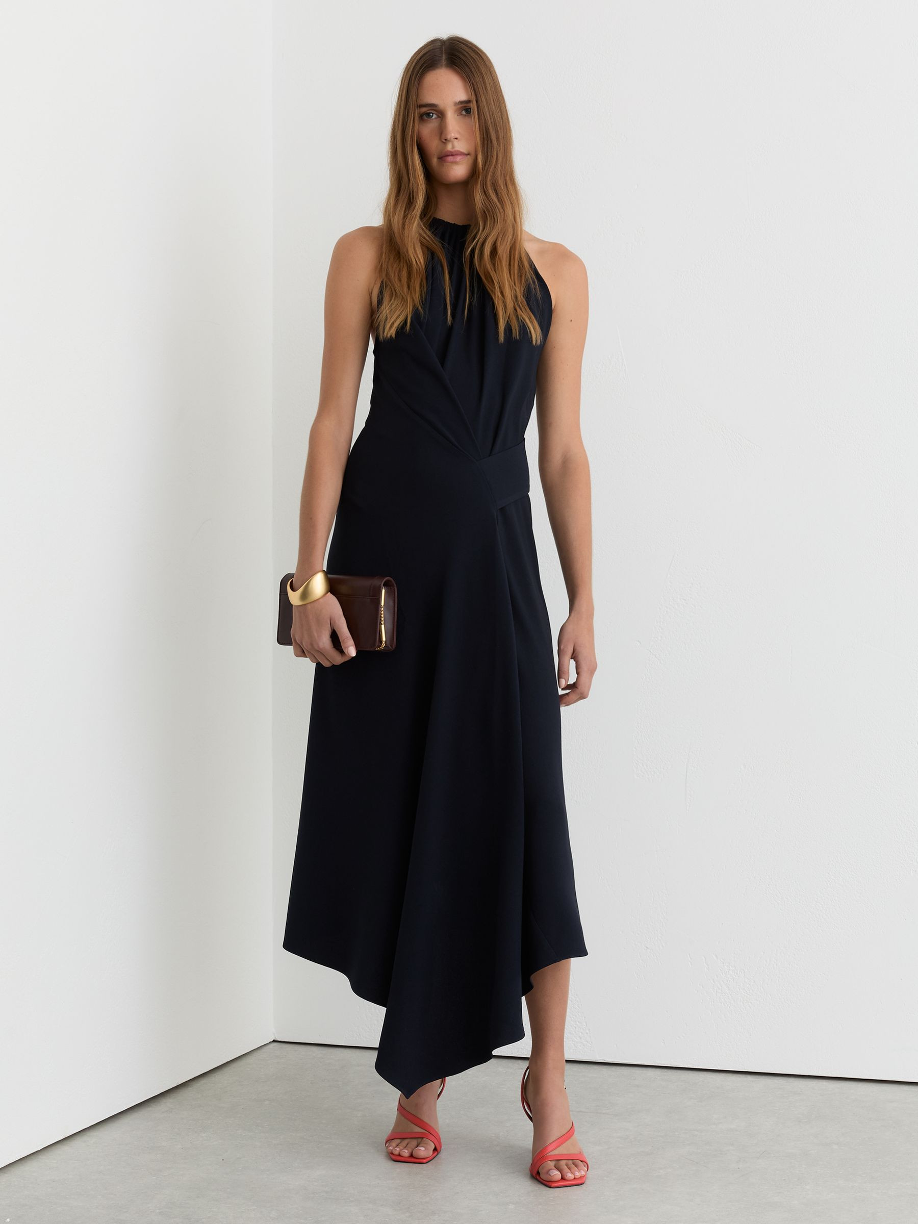 Drape-Detail Sleeveless Midi Dress in Navy | Reiss UK