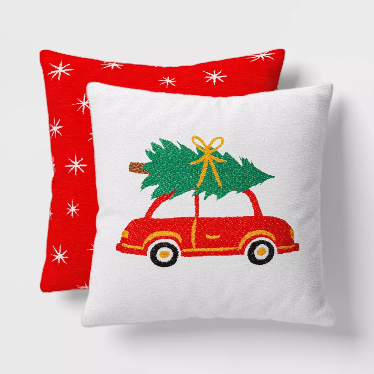 Square Christmas Tree On Car Jacquard Chenille Pillow Ivory/Red - Wondershop™ | Target