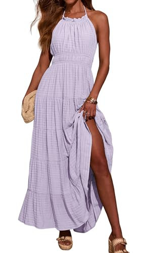 R.Vivimos Maxi Halter Dresses for Women Summer 2026 Boho Sleeveless Elastic Waist Sexy Backless Tiered Flowy Beach Sundress (Medium, Light Purple) | Amazon (US)