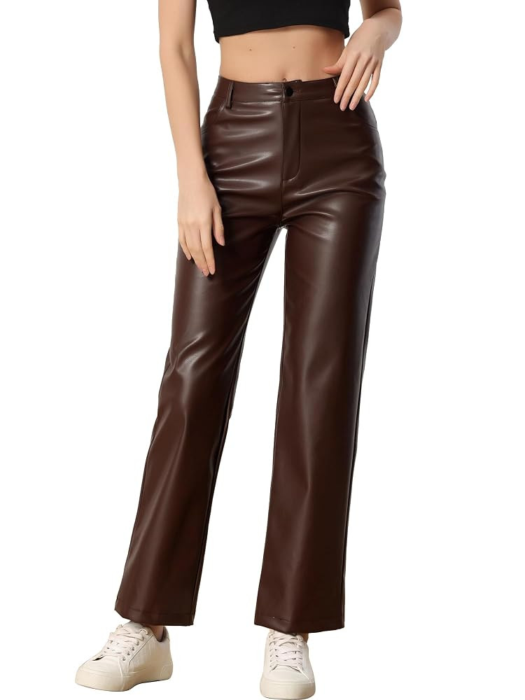 Allegra K Faux Leather Pants for Women's High Waist Straight Leg Punk PU Trousers | Amazon (US)