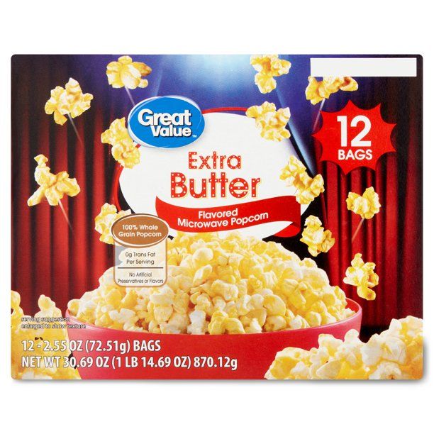 Great Value Extra Butter Flavored Microwave Popcorn, 2.55 Oz, 12 Count - Walmart.com | Walmart (US)