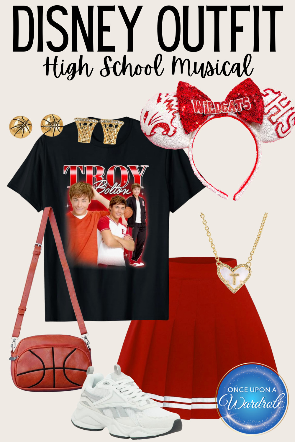 High School Musical inspired Disney outfit perfect for Disneyland or Disney Channel Nite ❤️ This Troy Bolton inspired look features a graphic tee, red skirt, sneakers, and basketball accessories for a sporty, nostalgic vibe. Comfortable enough for a full park day and such a fun throwback outfit to recreate. Everything is linked to shop the look. 

 #LTKootd #LTKmomlife #LTKTravel