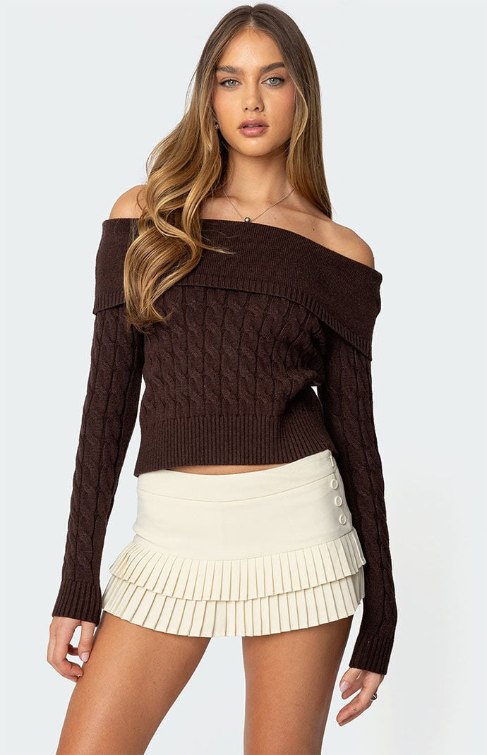 Edikted Women's Glenn Fold Over Cable Knit Sweater in Brown - Size XL | PacSun