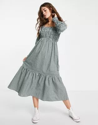 Topshop shirred poplin midi dress in green gingham | ASOS (Global)