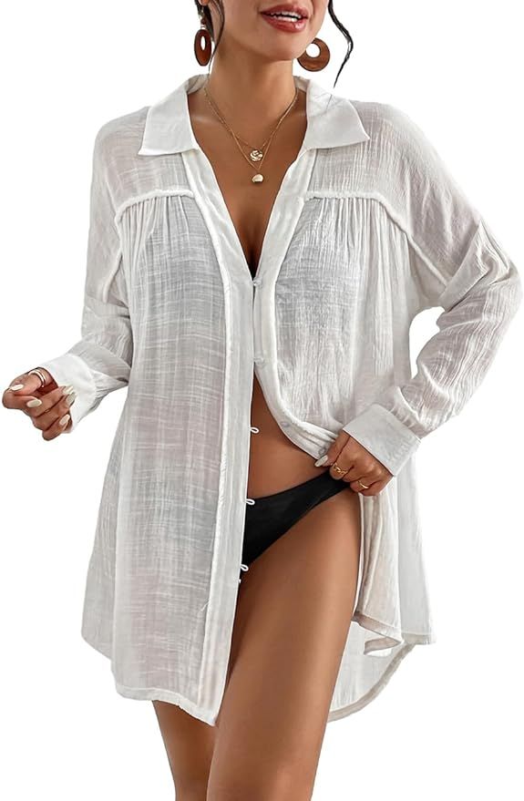 Bsubseach Long Sleeve Cover Up Oversized White Button Down Shirt Women Black Coverup | Amazon (US)