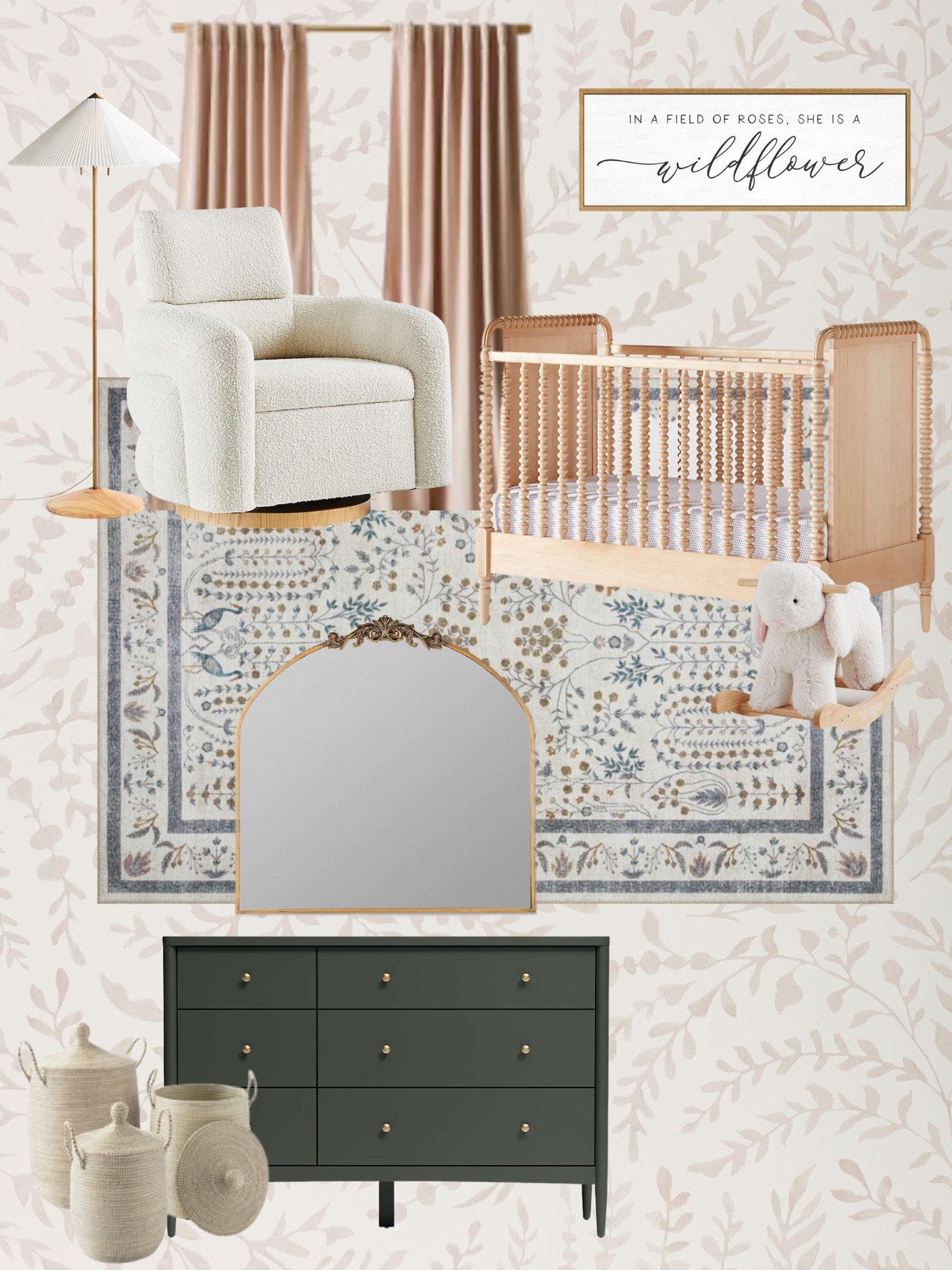 Baby girl nursery. Neutral nursery. Jenny Lind crib. Wood crib. Gold mirror. Rocking chair. Crate and Barrel Crate & Kids. Wallpaper. Wallpaper little girls room. Pink wallpaper. Patterned wallpaper. Floor lamp. Baskets. Green dresser. Rifle paper co rug. Pattern rug. Nursery mood board. Baby girl mood board  #LTKFamily 

#LTKKids #LTKBaby #LTKHome