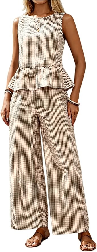 Women's Gingham 2 Piece Set Summer Sleeveless Tank Top Wide Leg Pants Set Beach Vacation Plaid Tw... | Amazon (US)