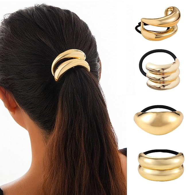 papasgix Metal Hair Cuffs - Geometric Elastic Ties for Thick Hair, Women's Accessories (Gold-9) | Amazon (US)