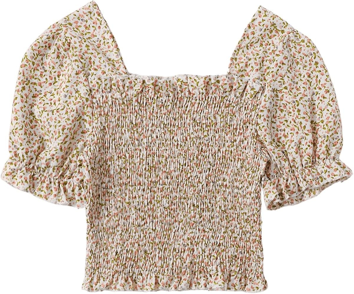Verdusa Women's Ruffle Trim Puff Sleeve Square Neck Floral Print Shirred Crop Blouse Top | Amazon (US)