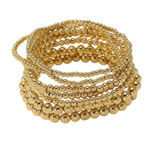 ZZ ZINFANDEL Gold Stacking Beaded Stretch Bracelet Set for Women,7Pcs Simple Gold Round Ball Handmade Beaded Chain Bracelet,Stackable Layered Elastic Bracelet (AA) | Amazon (US)