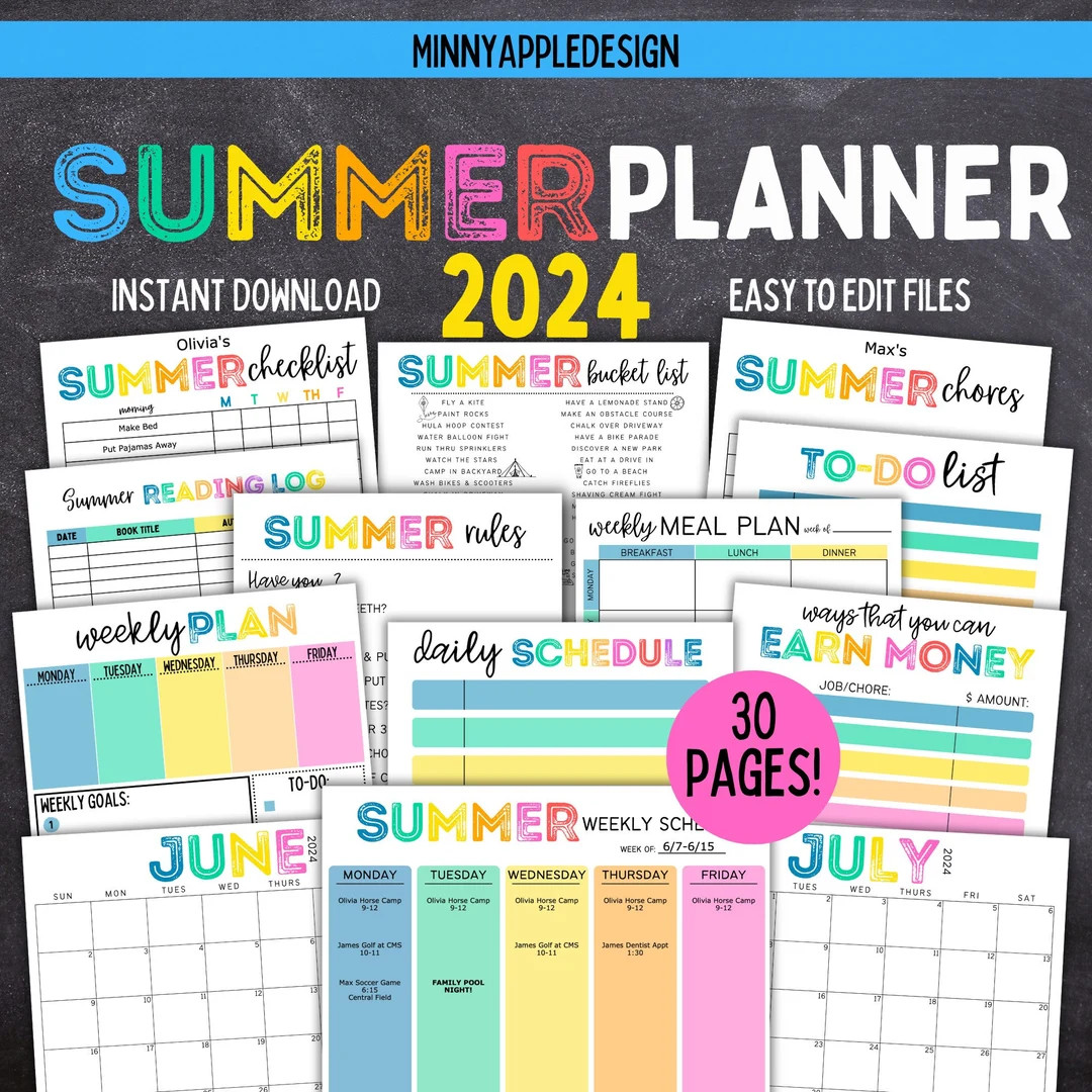 Printable Editable SUMMER 2024 Planner Bundle Summer Calendar Summer Checklist Summer Chore Chart... | Etsy (US)