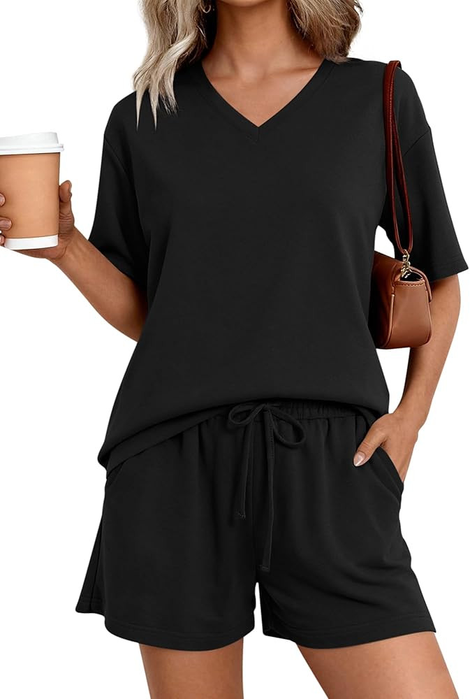 REORIA Women V Neck Activewear Loose Short Sleeve Lounge Wear Set Solid Color Tracksuit Co Ord Se... | Amazon (UK)