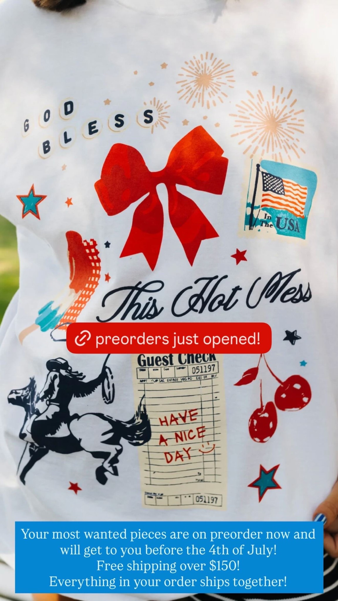 Your most wanted pieces are on preorder now and will get to you before the 4th of July!
Free shipping over $150!
Everything in your order ships together!