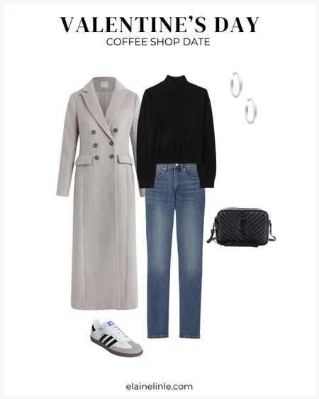 Valentine's Day outfit for casual coffee shop date. Long tailored coat, Adidas Samba outfit. Casual outfit. Winter outfit  